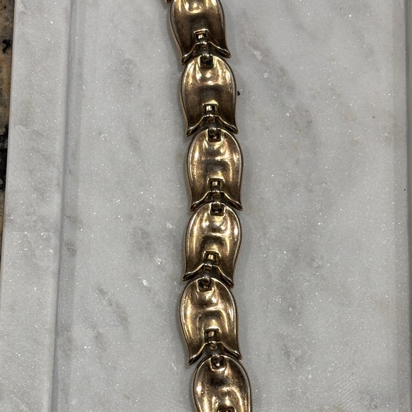 VTG Trifari Green Tulip Link Bracelet Gold Tone Lucite Floral Mid Century Signed - Picture 4 of 4